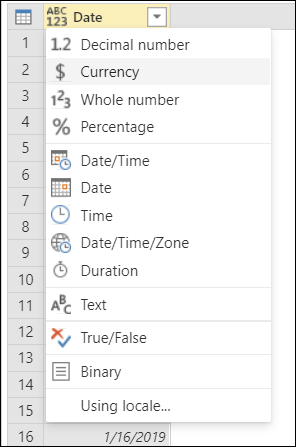 Menú Tipo de datos en el encabezado de columna.