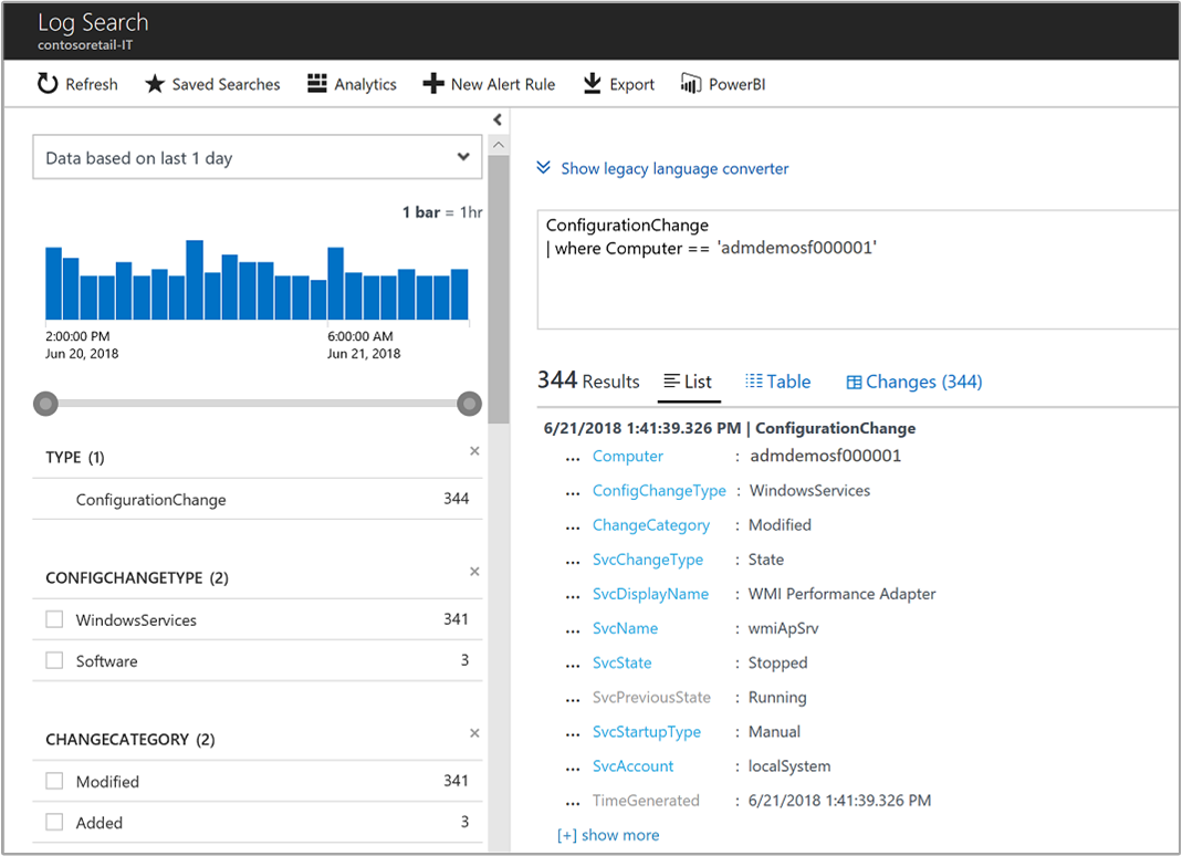 Captura de pantalla que muestra el evento ConfigurationChange.