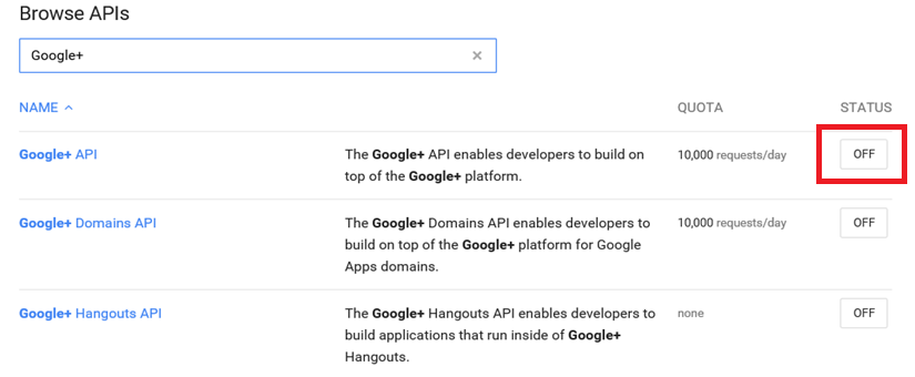 Google Developer Console Examinar API