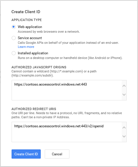 pantalla Crear id. de cliente de google Developer Console