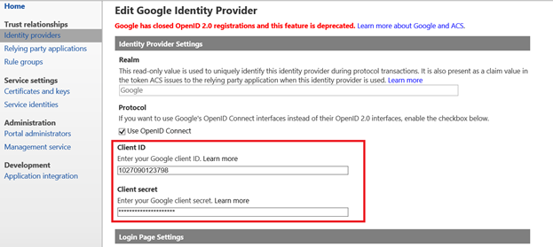 cuadro de diálogo Editar proveedor de identidades de Google