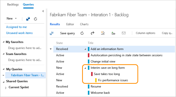 Screenshot of Sprint backlog query with linked bug and task.