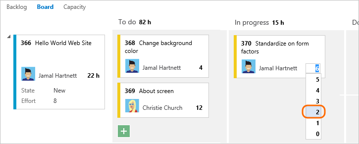 Screenshot of Taskboard, update task remaining work, TFS 2018.