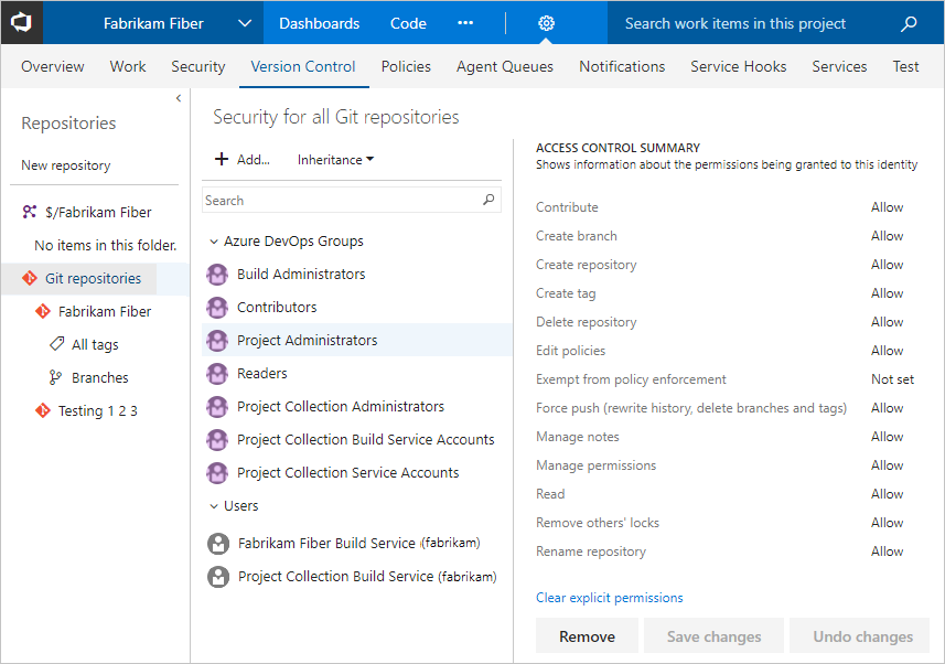 Screenshot of Git repository permissions dialog, TFS.