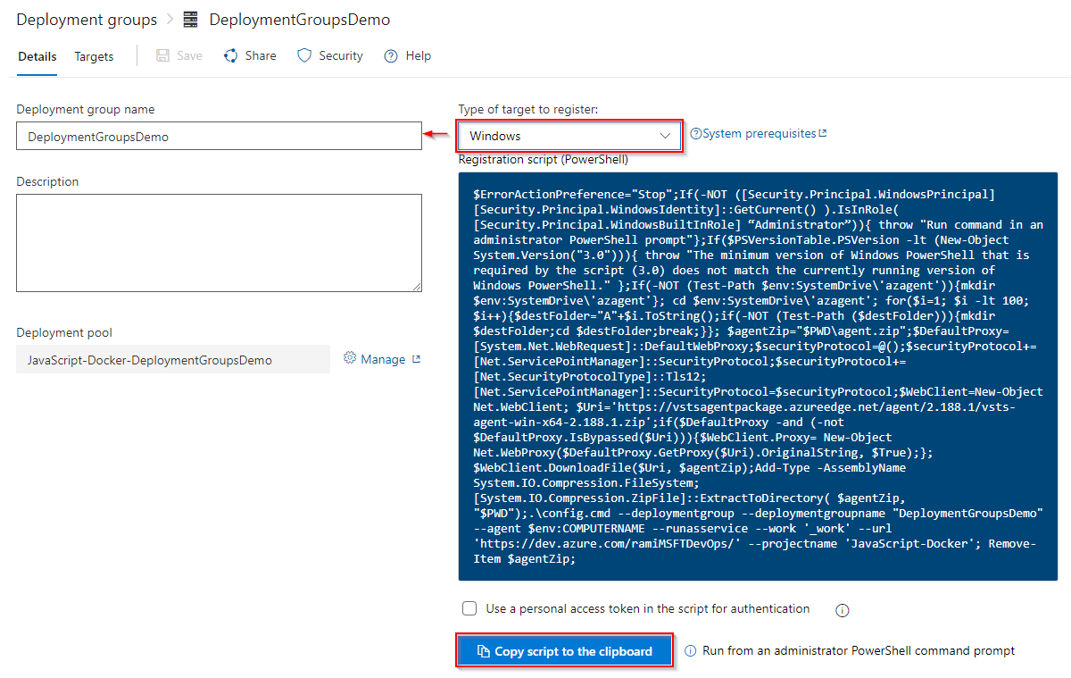 Create a deployment group - generated script