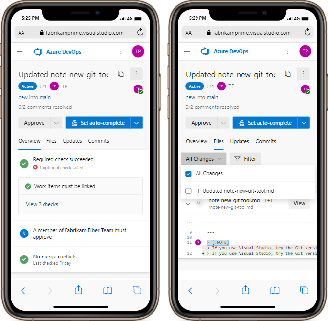 Screenshot of Azure Repos P R screens on a mobile device.
