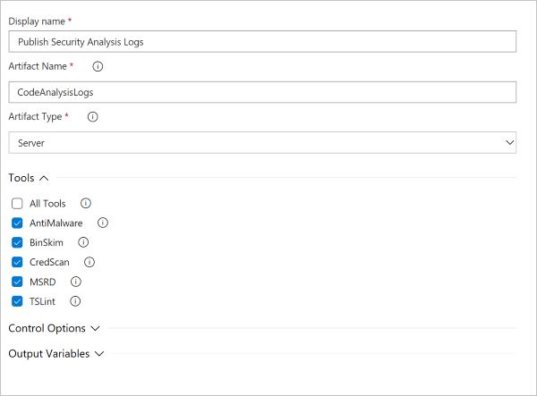 Configuración de la tarea de compilación de Publish Security Analysis Logs