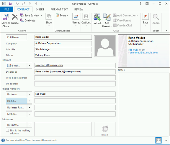 Formulario del contacto Rene Valdes en Dynamics CRM