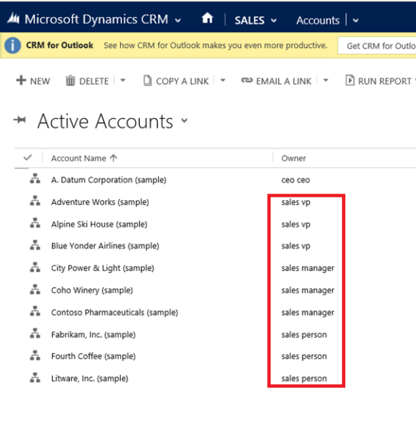 Acceso de lectura para el vicepresidente de ventas en Dynamics CRM