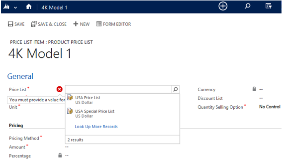 Abrir nuevo elemento de lista de precios en Dynamics CRM