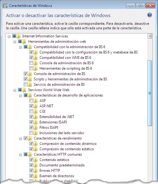 Primera parte de la lista de características de Windows