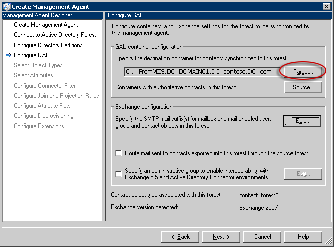 Página Configurar LGD, botón Destino