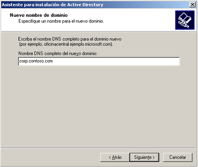 Instalación de Active Directory, página Nuevo nombre de dominio