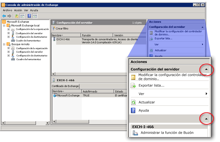 Consola de administración de Exchange que muestra el panel de acciones