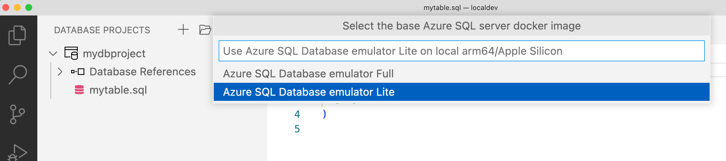 Captura de pantalla de la selección de un emulador de Azure SQL Database en Visual Studio Code.