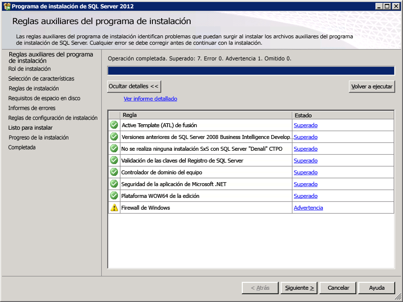 Advertencia sobre el firewall para las reglas auxiliares del programa de instalación de SQL