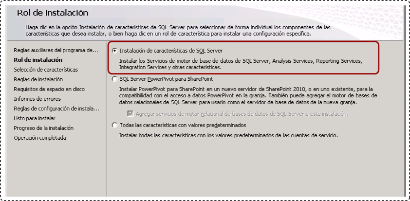 Instalación de la característica de SQL Server para el rol de instalación