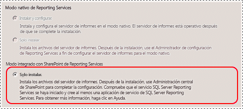 Página de configuración de SSRS del Asistente para la instalación de SQL Server