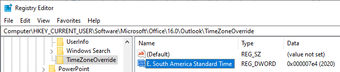 Captura de pantalla de la configuración de la clave del Registro TimeZoneOverride.