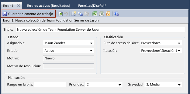 Crear un elemento de trabajo de error