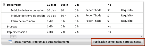 El progreso de publicación aparece en la barra de estado