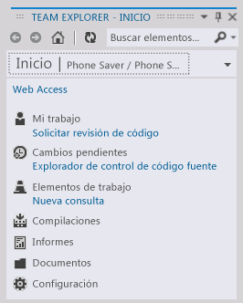Navegación de inicio de Team Explorer del proyecto