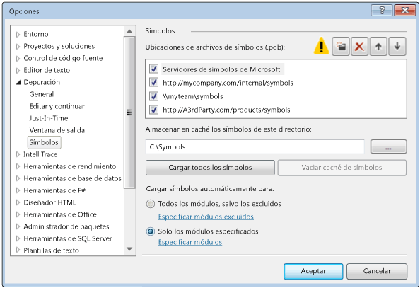 Herramientas - Opciones - Depuración - Página Símbolos