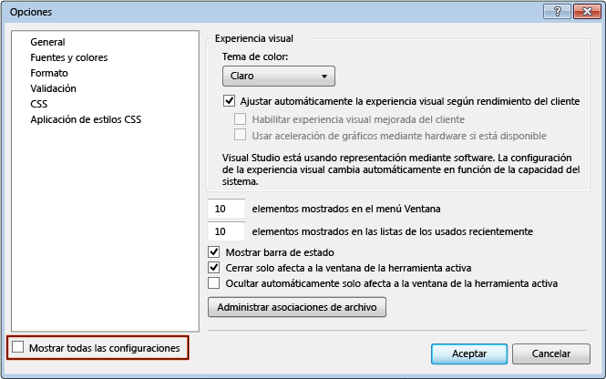 Cuadro de diálogo Opciones con la opción Mostrar todas las configuraciones