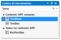 Cuadro de herramientas con el control TextBlock resaltado