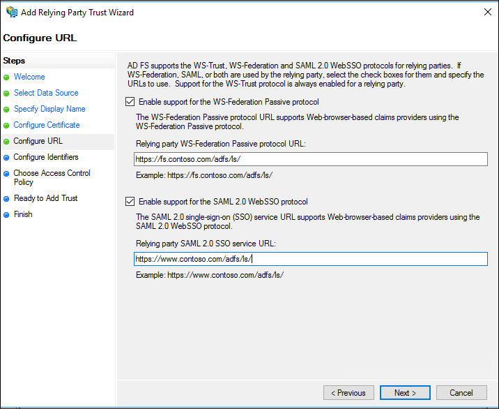 Screenshot of the Configure Certificate page of the Add Relying Party Trust Wizard showing the configuration explained above.