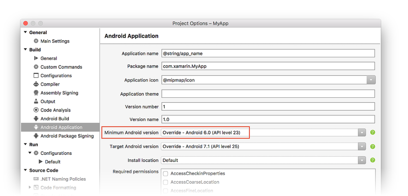 Minimum Android version set to Automatic - use target framework version