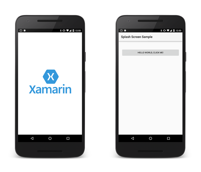 Pantalla de presentación del logotipo de Xamarin de ejemplo seguida de la pantalla de la aplicación