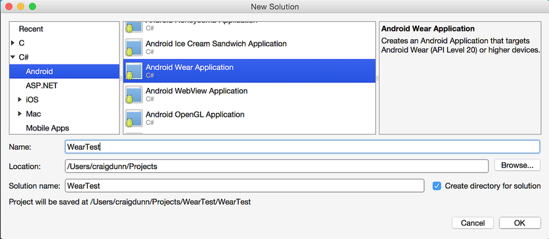 Crear una nueva aplicación Android Wear en el cuadro de diálogo Nueva solución