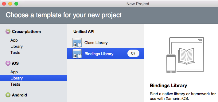 Hágalo desde Visual Studio para Mac seleccionando el tipo de proyecto, Biblioteca de enlaces de Biblioteca iOS