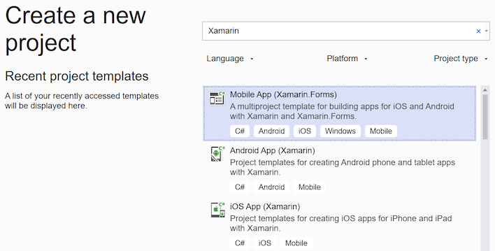 Filtrado por proyectos de Xamarin