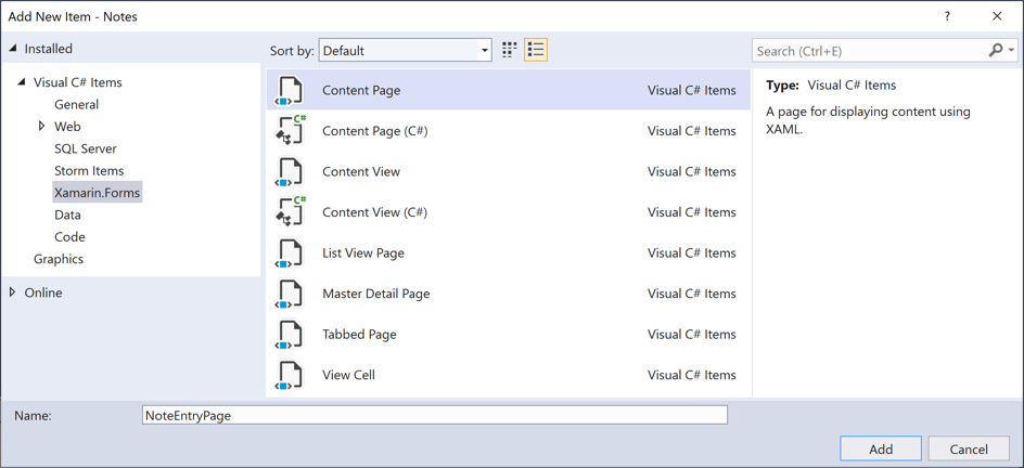 Adición de ContentPage de Xamarin.Forms