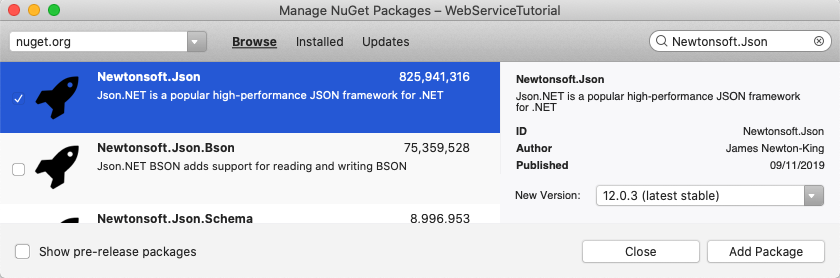 Captura de pantalla del paquete NuGet Newtonsoft.Json en el Administrador de paquetes NuGet