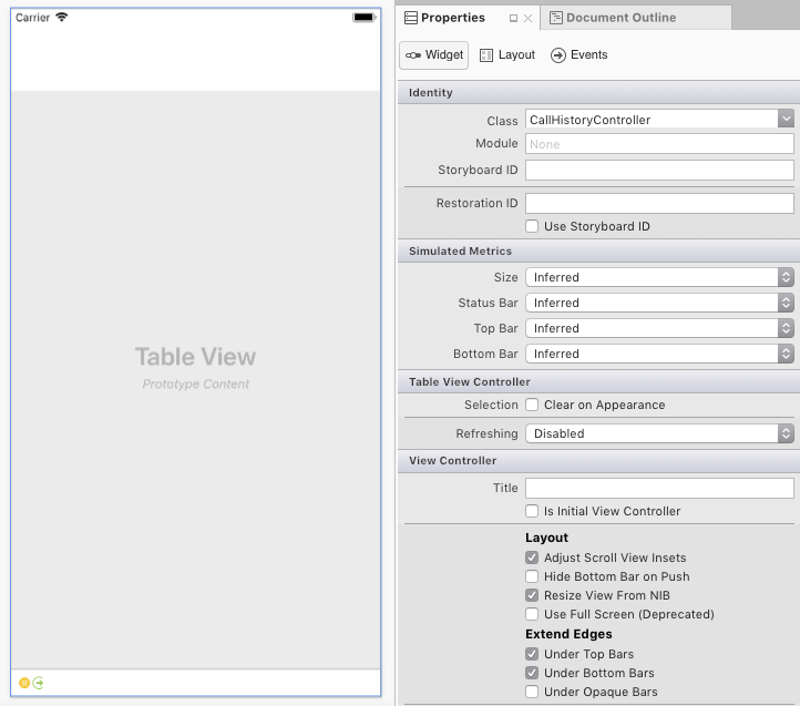 Cambie la clase del controlador de vista de tabla a CallHistoryController