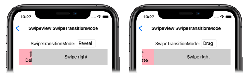 Captura de pantalla de SwipeView SwipeTransitionModes, en iOS