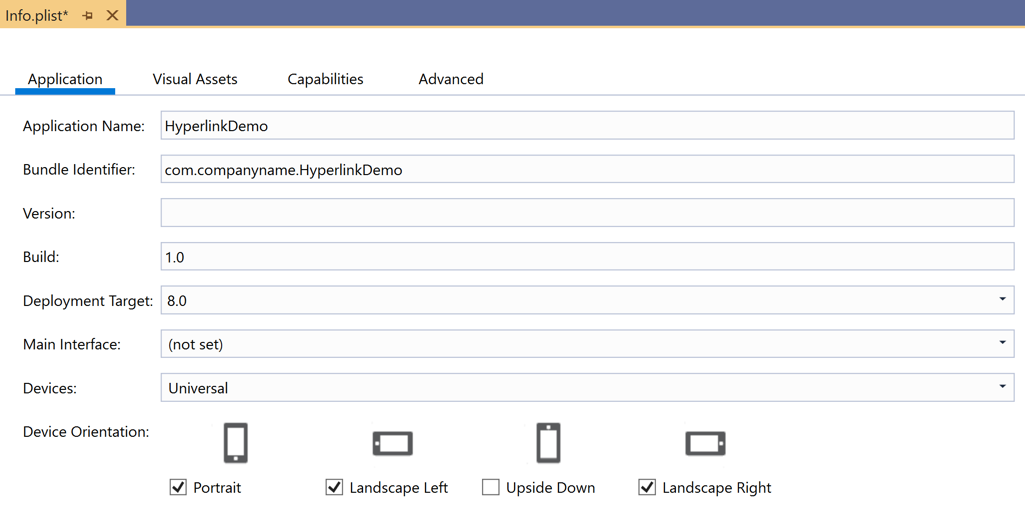 Información de implementación de iPhone en Visual Studio