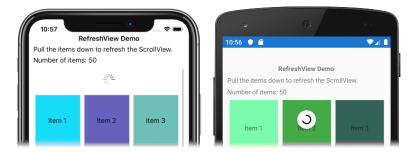 Captura de pantalla de un RefreshView actualizando datos, en iOS y Android