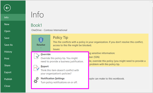 Opciones en la sugerencia de directiva en Backstage en Excel 2016.