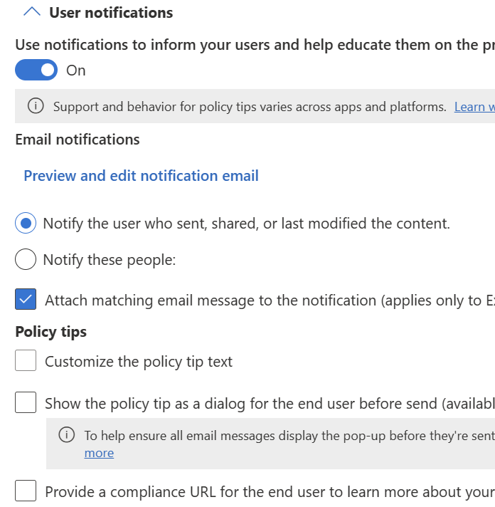 Opciones de configuración de sugerencias de directiva y notificación de usuario que están disponibles para Exchange, SharePoint, OneDrive, Chat y canal de Teams y Defender for Cloud Apps