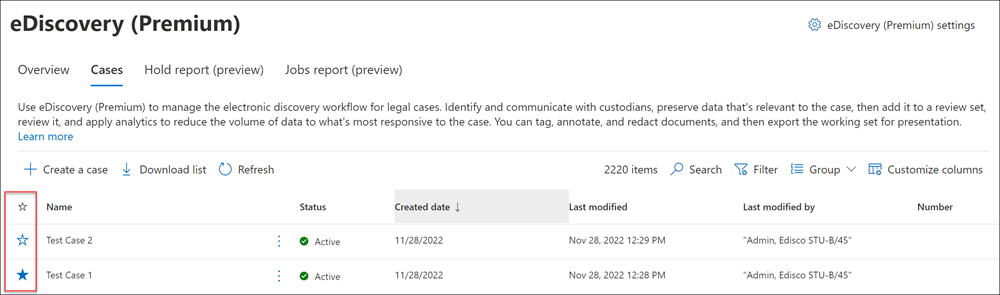 Lista de casos favoritos de eDiscovery (Premium).