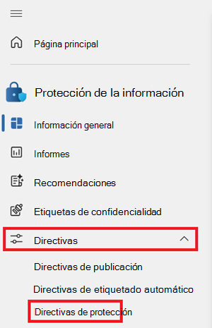 Screenshot of the Information Protection menu, with the Policies dropdown open and Protection policies highlighted.