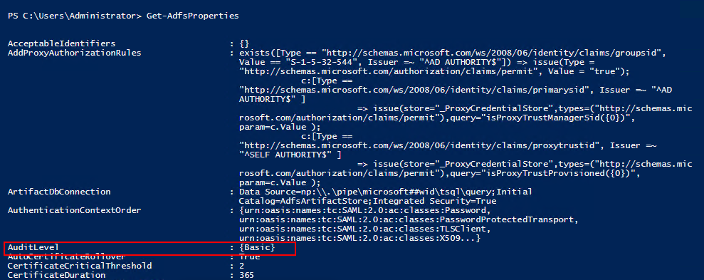 Captura de pantalla de ejemplo del comando Get-AdfsProperties de PowerShell.