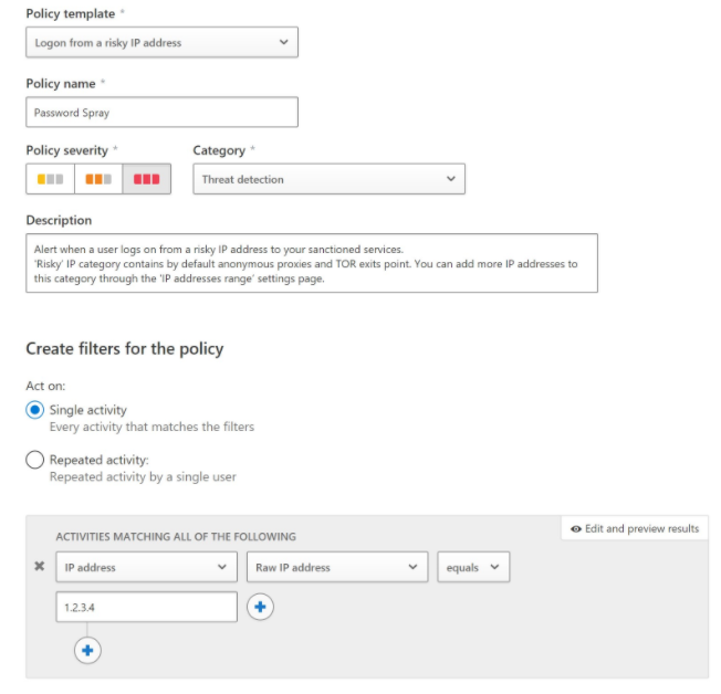 Captura de pantalla de ejemplo de configuración de una alerta de dirección IP.