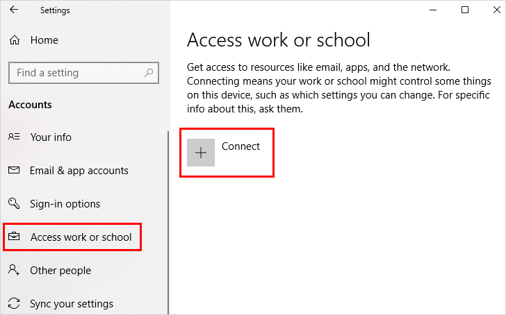 Acceso a trabajo o escuela en Configuración.