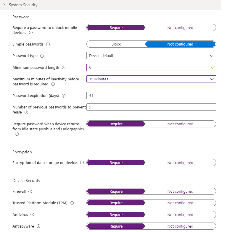 Captura de pantalla de Seguridad del sistema en la configuración de directivas de cumplimiento de Windows 10.