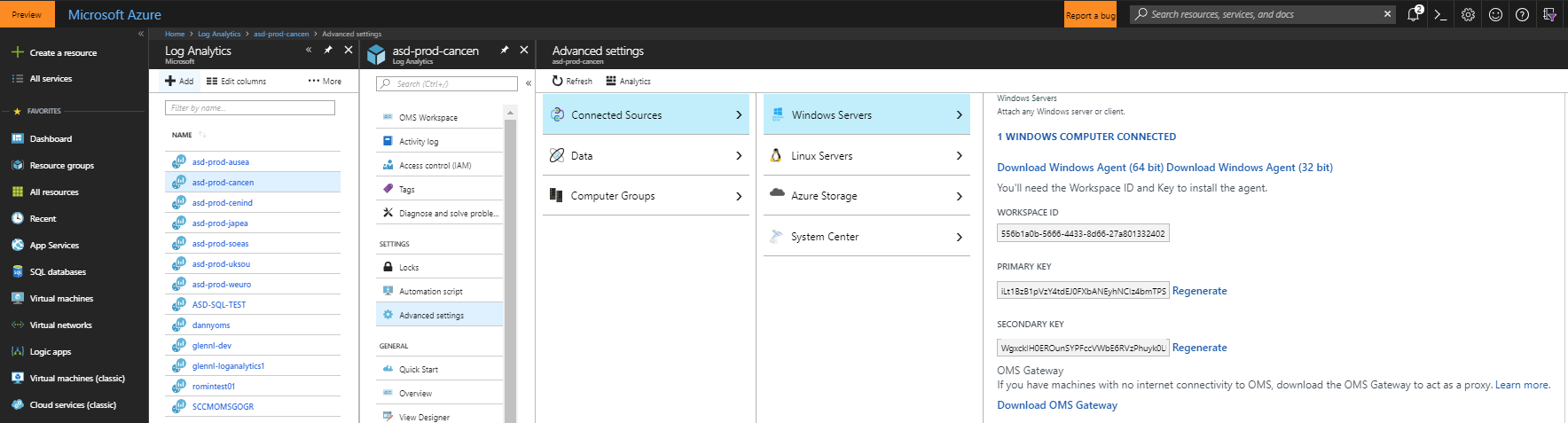 La ventana de Microsoft Azure, con los elementos de menú Orígenes conectados y Servidores Windows seleccionados.